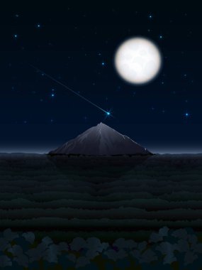 Bir gece manzarası ile kayan bir yıldız takımyıldızlar tam bir gece gökyüzünde tam parlak bir ay altında yalnız bir dağ üzerinde gösterimi