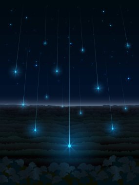 Bir gece manzara orman vadiye gece gökten düşen pek çok parlak yıldız ile bir fantezi illüstrasyon