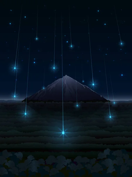 夜空中一座森林山谷中明亮的星星在夜空中布满群星的梦幻般的风景图 — 图库矢量图片