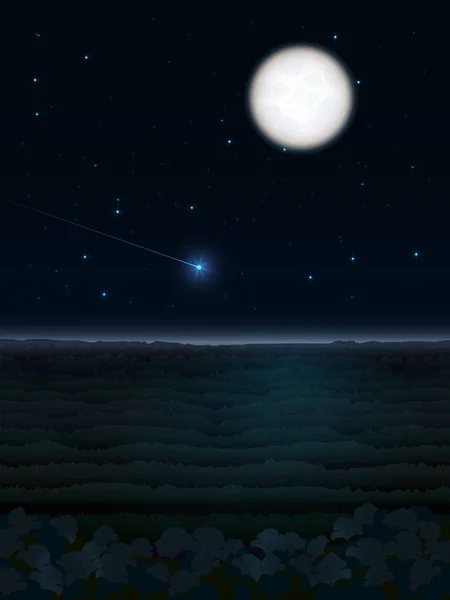 Illustration Paysage Nocturne Avec Une Pleine Lune Brillante Une Comète — Image vectorielle