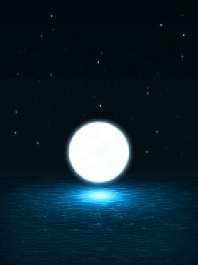 Dalgalar deniz manzaralı ve takımyıldızları ve suya düşen ay gibi parlak parlayan top ile gece gökyüzü gece, vektör yatay