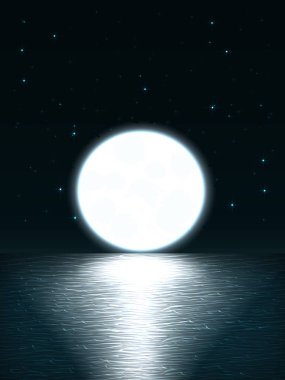 Bir görünümü takımyıldızları ve ufuk ve ay yol su lavabo parlak büyük ay ile gece gökyüzü ve denizin dalgaları ile ile vektör gece manzarası