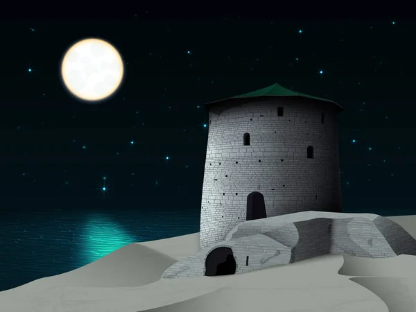 Paisaje Nocturno Con Torre Restaurada Antiguas Murallas Castillo Ruinas Orilla — Vector de stock