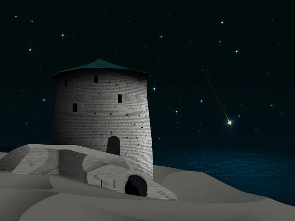 Paisaje Nocturno Histórico Fantasía Con Torre Antigua Antiguas Murallas Castillo — Archivo Imágenes Vectoriales