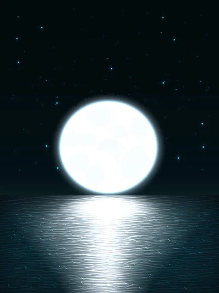 ベクトル波と海と夜空の星座と水に沈む水平線と月軌道を超えて巨大な月夜の景色と夜の風景 — ストックベクタ