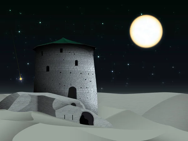 Paisaje Nocturno Con Antigua Torre Paredes Arruinadas Desierto Cielo Estrellado — Vector de stock