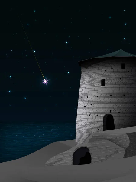 Ночной Пейзаж Отреставрированной Башней Старыми Ветхими Стенами Крепости Песчаном Пляже — стоковый вектор
