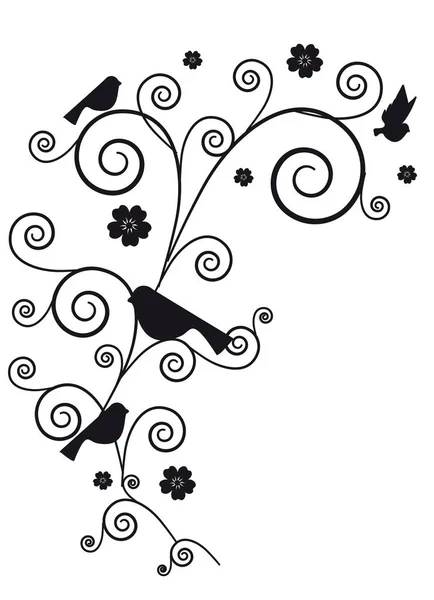 Illustration Vectorielle Avec Oiseaux Beauté Silhouettes Florales — Image vectorielle