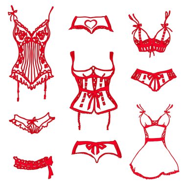 Kadın iç çamaşırı kırmızı ayarla, üzerinde beyaz izole illüstrasyon vektör