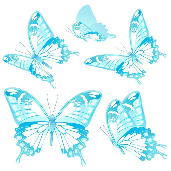 Ilustración Vectorial Colorida Hermosas Mariposas Azules Aisladas Sobre Fondo Blanco — Vector de stock
