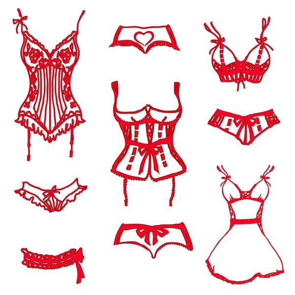 Kadın iç çamaşırı kırmızı ayarla, üzerinde beyaz izole illüstrasyon vektör