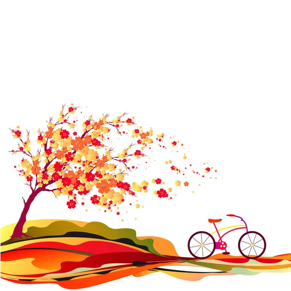 Vélo Placé Sous Arbre Automne Coloré Avec Des Fleurs Illustration — Image vectorielle