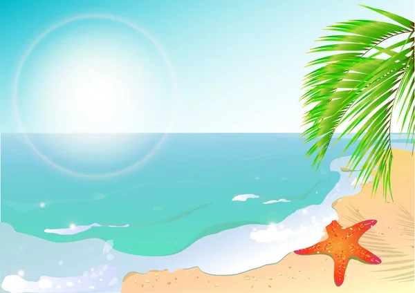 Kleurrijke Vectorillustratie Van Zomer Strand Met Sea Star Onder Blauwe — Stockvector