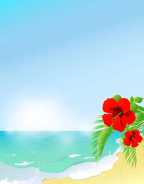 Colorida Ilustración Vectorial Playa Verano Con Rama Palma Floreciente Bajo — Vector de stock