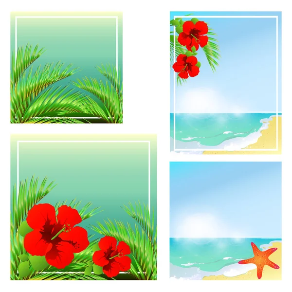 Deniz Plaj Yıldız Çiçek Açması Palmiye Ağaçları Ile Yaz Kart — Stok Vektör