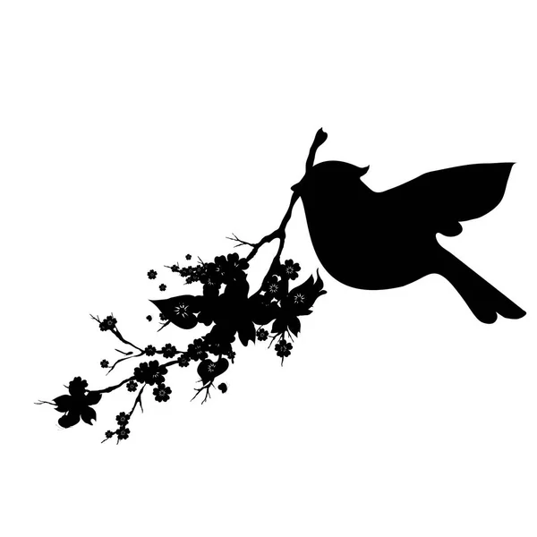 Schöner Vogel Mit Zweig Schwarze Silhouette Auf Weißem Hintergrund Vektorillustration — Stockvektor