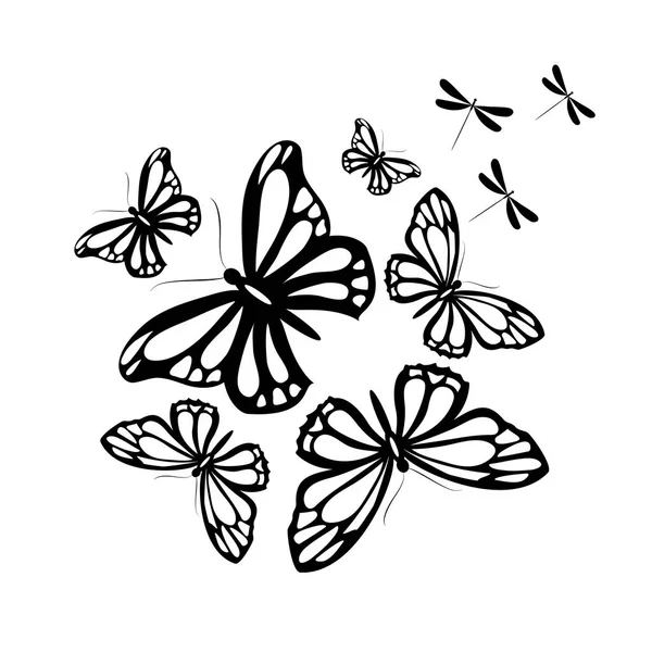 Illustration Vectorielle Papillons Noirs Isolés Sur Fond Blanc — Image vectorielle