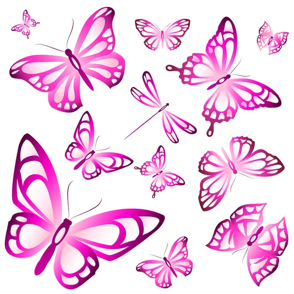 Ilustración Vectorial Colorida Hermosas Mariposas Rosadas Aisladas Sobre Fondo Blanco — Vector de stock