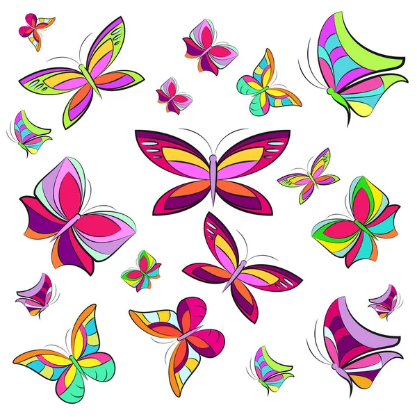 Kleurrijke Vectorillustratie Van Mooie Vlinders Geïsoleerd Witte Achtergrond Instellen — Stockvector