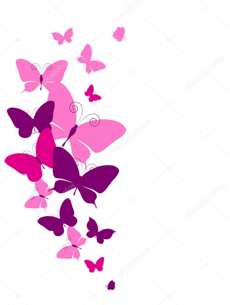 Colorful vector illustration of beautiful pink butterflies isolated on white background
