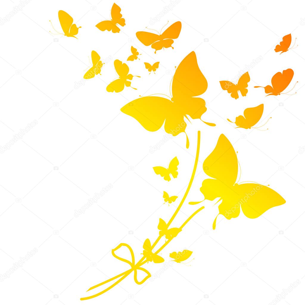 Colorful vector illustration of beautiful yellow butterflies isolated on white background
