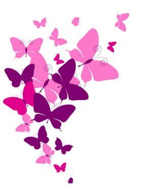 Beyaz arka plan, vektör, illüstrasyon izole renkli uçan kelebekler koleksiyonu ile posta kartı 