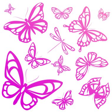 Beyaz arka plan, vektör, illüstrasyon izole renkli uçan kelebekler koleksiyonu ile posta kartı 