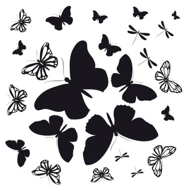 siyah beyaz arka plan, vektör, illüstrasyon izole kelebekler uçan koleksiyonu ile posta kartı