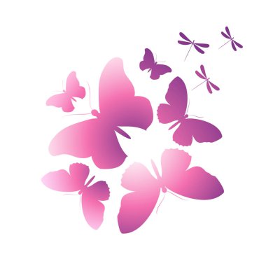 Beyaz arka plan, vektör, illüstrasyon izole renkli uçan kelebekler koleksiyonu ile posta kartı 