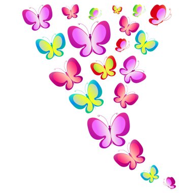 Beyaz arka plan, vektör, illüstrasyon izole renkli uçan kelebekler koleksiyonu ile posta kartı 