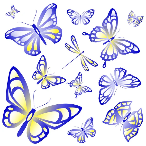 Pocztówka Kolekcji Kolorowe Motyle Latające Białym Tle Białym Tle Wektor — Wektor stockowy