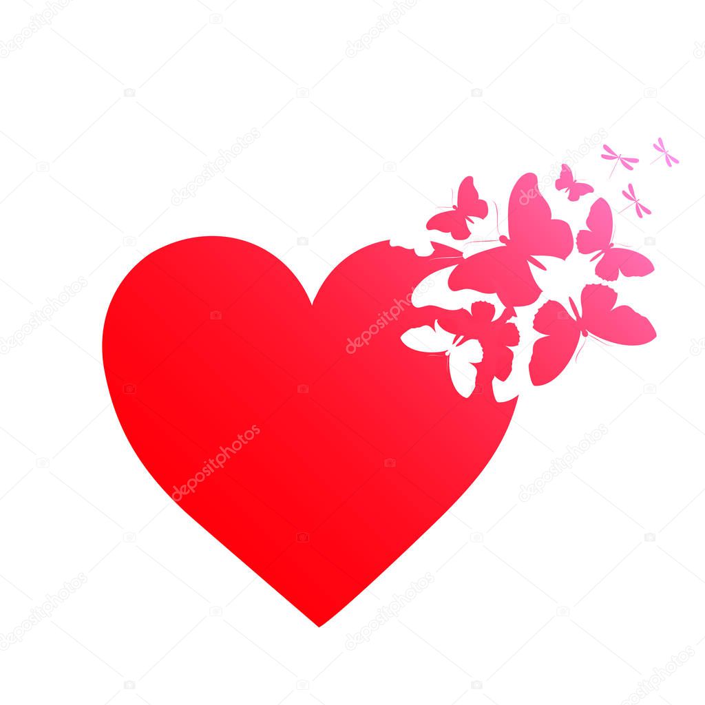 wedding card with red heart and flying butterflies isolated on white background, vector, illustration