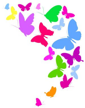 Beyaz arka plan, vektör, illüstrasyon izole renkli uçan kelebekler koleksiyonu ile posta kartı