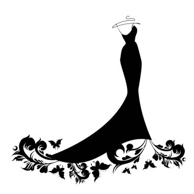 Siyah gelinlik beyaz arka plan, vektör, illüstrasyon izole kelebekler ile silüeti