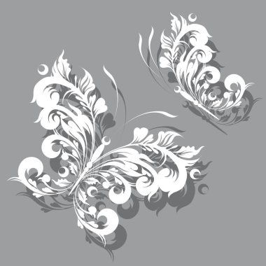 Beyaz kelebekler uçan gri arka plan, vektör, illüstrasyon koleksiyonu ile posta kartı