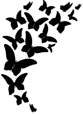 siyah beyaz arka plan, vektör, illüstrasyon izole kelebekler uçan koleksiyonu ile posta kartı