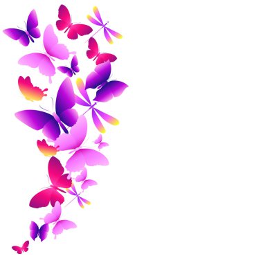 Beyaz arka plan, vektör, illüstrasyon izole renkli uçan kelebekler koleksiyonu ile posta kartı