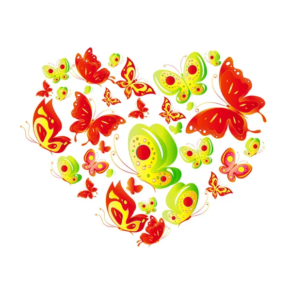 Groeten Van Valentijn Kaart Met Kleurrijke Vlinders Vorm Van Hart — Stockvector