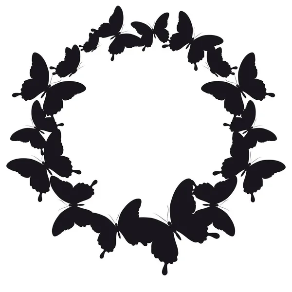 Vliegende Zwarte Vlinders Vorm Van Cirkel Geïsoleerd Een Witte Achtergrond — Stockvector
