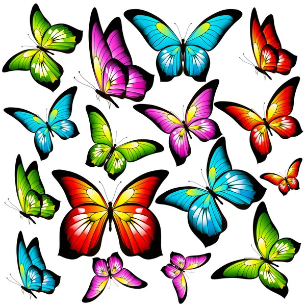 Carte Postale Avec Collection Papillons Volants Colorés Isolés Sur Fond — Image vectorielle