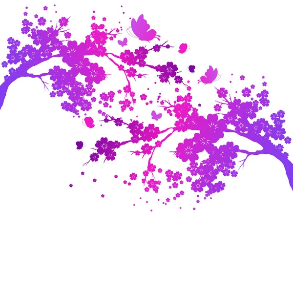 花と白背景 ベクトル イラストに分離された飛行蝶紫木の枝 — ストックベクタ