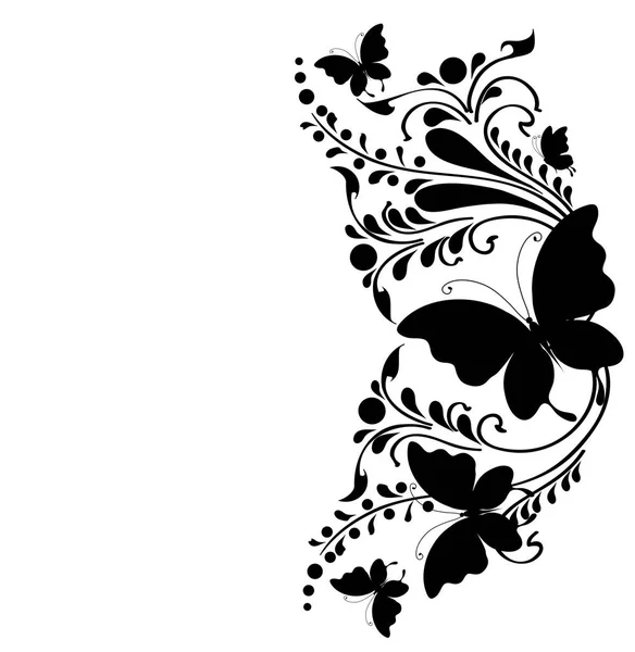 ブラック白背景 ベクトル イラストに分離された装飾的な渦巻きを持つ蝶の飛翔のコレクション — ストックベクタ