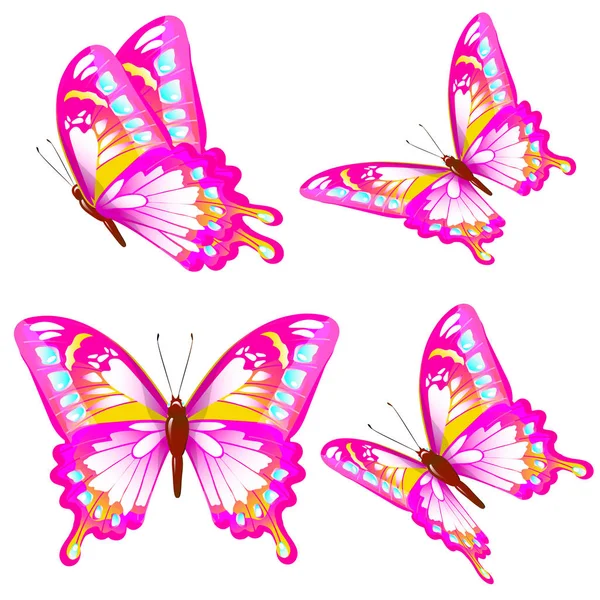 Postal Card Set Pink Flying Butterflies Isolated White Background Vector — Stock Vector