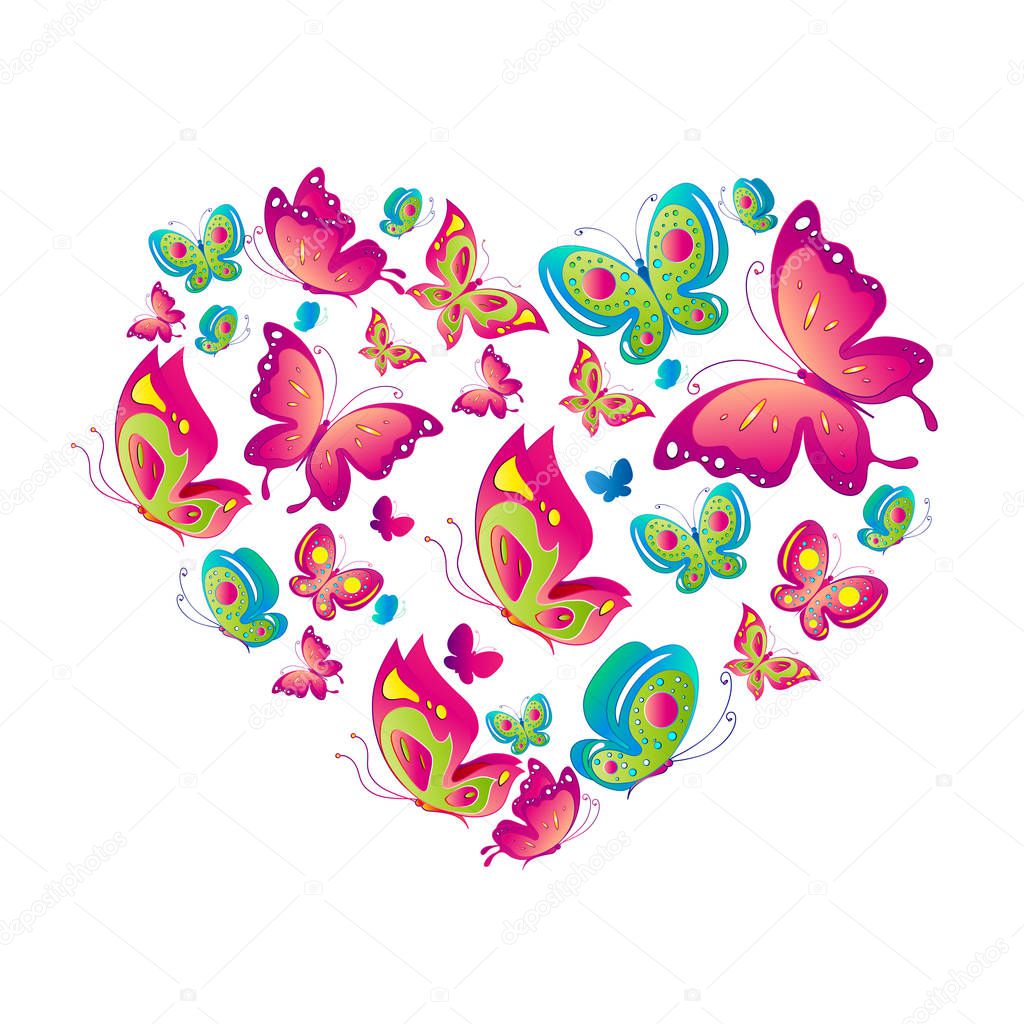 flying colorful butterflies in form of heart isolated on white background, vector, illustration, romantic concept 