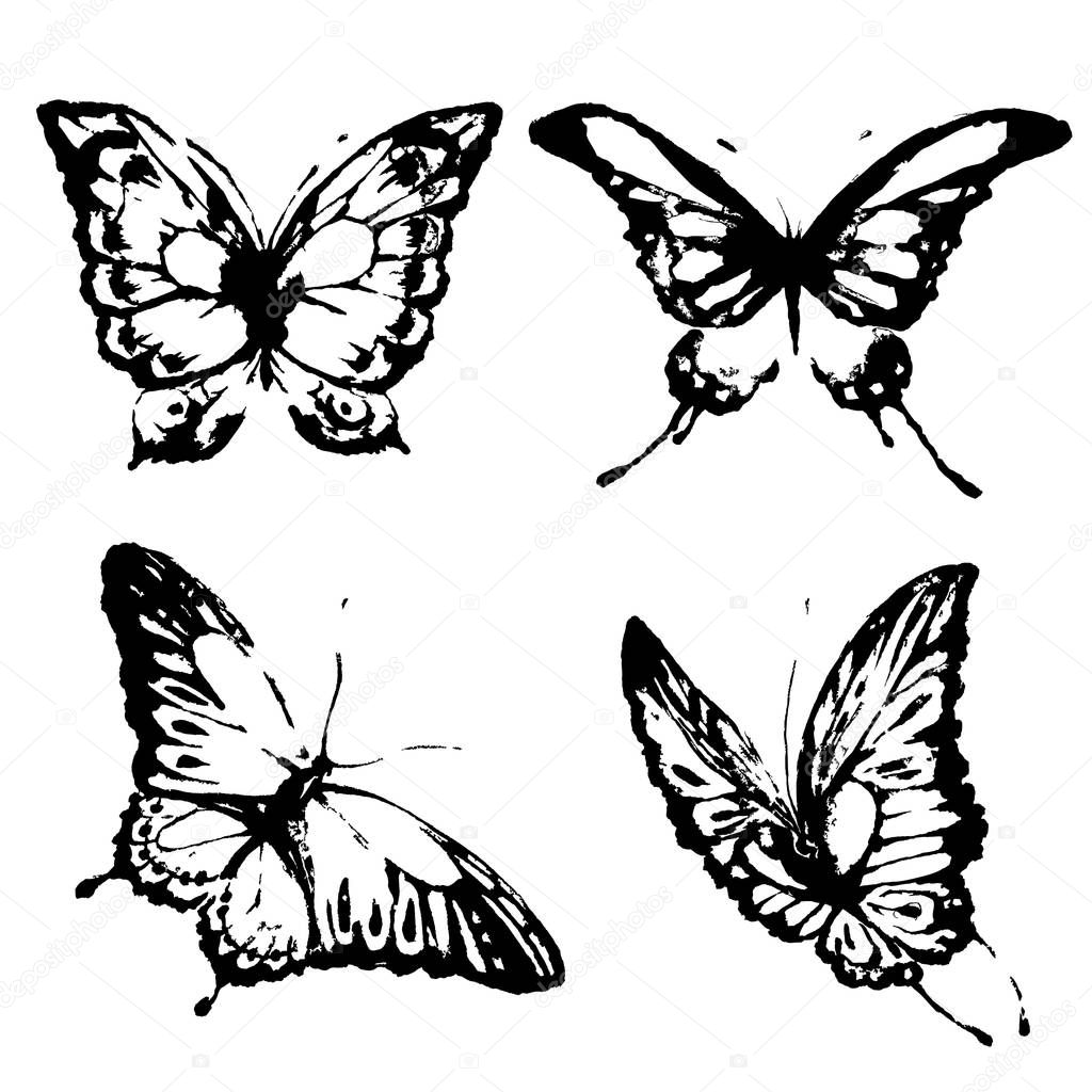 black butterflies imprints isolated on white background, vector, illustration