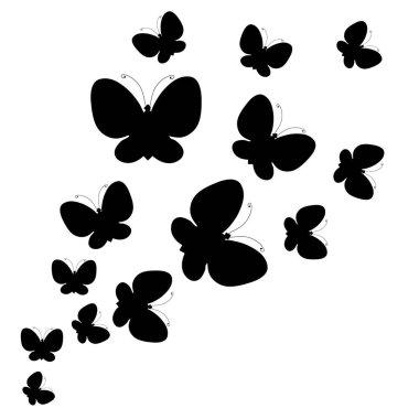 siyah beyaz arka plan, vektör, illüstrasyon izole kelebekler uçan koleksiyonu ile posta kartı