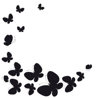 siyah beyaz arka plan, vektör, illüstrasyon izole kelebekler uçan koleksiyonu ile posta kartı