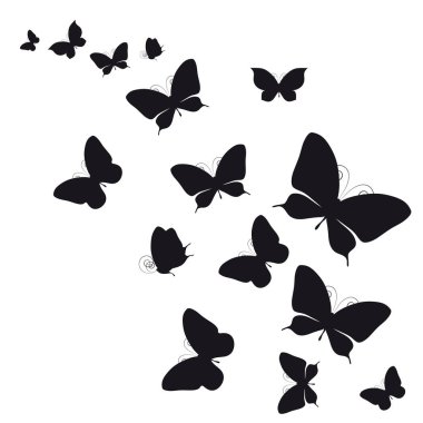 siyah beyaz arka plan, vektör, illüstrasyon izole kelebekler uçan koleksiyonu ile posta kartı