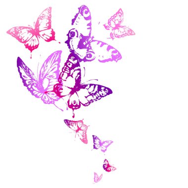 posta kartı beyaz arka plan, vektör, illüstrasyon izole kelebekler uçan pembe dizi