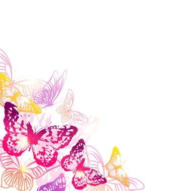 Beyaz arka plan, vektör, illüstrasyon izole renkli uçan kelebekler koleksiyonu ile posta kartı